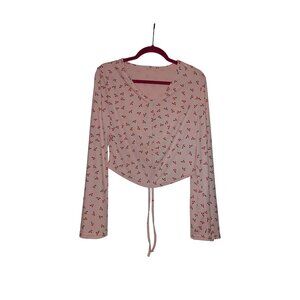 Cherry Print Pink Long Sleeve Ruched Crop Top With Adjustable Drawstring